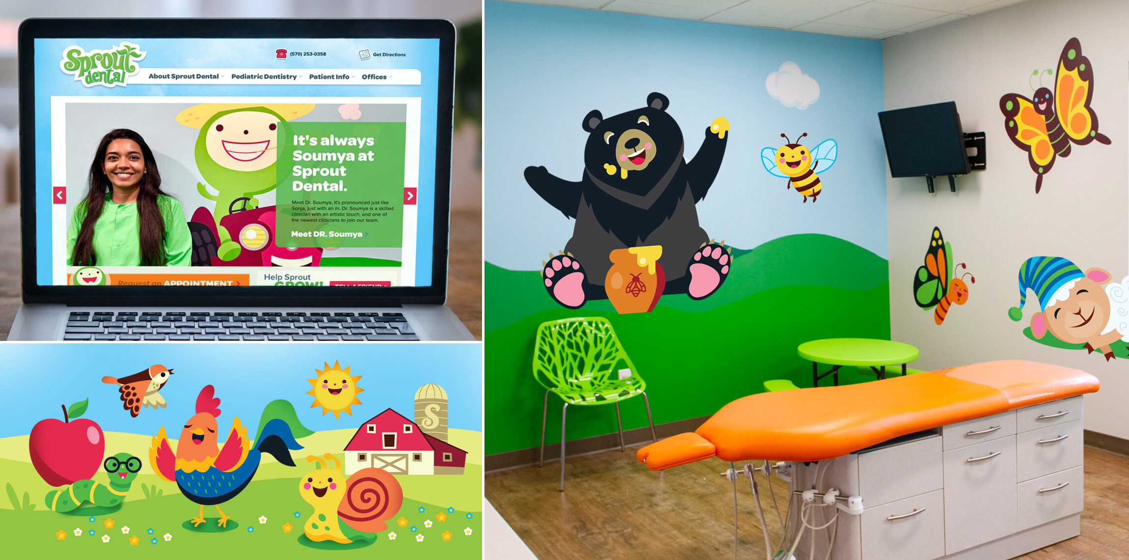 Sprout Dental pediatric brand, website, and environmental design